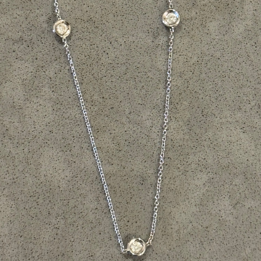 18K White Gold Diamond Station Necklace • Italian • Bezel Set • Solid Gold
